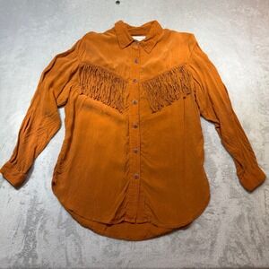 Vintage Western Fringe Button Down Shirt Rust Orange Rayon Cowgirl Boho 90s S